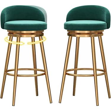 Imagem de Banquetas de bar modernas com altura de bar, conjunto de 2 bancos de veludo para cozinha em casa com estofados com apoio para os pés para sala de estar