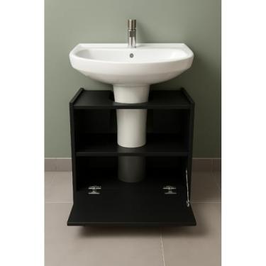 Imagem de Gabinete de Banheiro Organizador com 1 Porta – Armário Pia de Coluna Branco Ripado com Rodízios, Espaçoso para Higiene Doméstica (Preto)