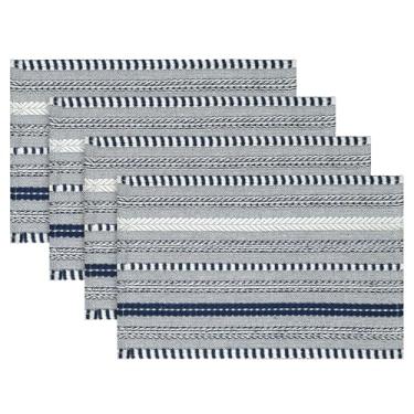Imagem de Artoid Mode Jogo americano listrado trançado de casa de fazenda azul escuro conjunto de tapetes de mesa sazonais 4,30 x 45,7 cm decoração de festa cozinha jantar decoração