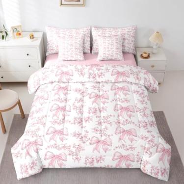 Imagem de jejeloiu Conjunto de edredom floral com laço rosa para meninas, tamanho Queen, 7 peças, vintage, com laço e flor, para meninos, com estampa de princesa, fofo, kawaii, geométrico, folhas, decoração de