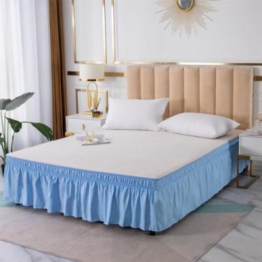 Imagem de OMIREL Saia de cama elástica plissada com babados para camas queen size decoração de quarto de qualidade de hotel de 30 cm com saias elásticas ajustáveis de microfibra, azul, 180 x 200 + 30 cm