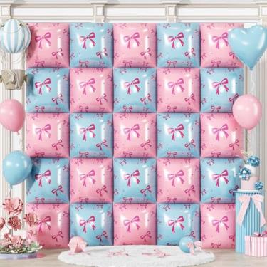 Imagem de Froova Pink and Blue Foil Balloon Wall Square, 19 Inch 25PCS Bow Print Double Sided Baby Blue Pastel Pink Balloon Backdrop Tunnel Arch Kit for Baby Shower Gender Reveal Birthday Bridal Party Decor