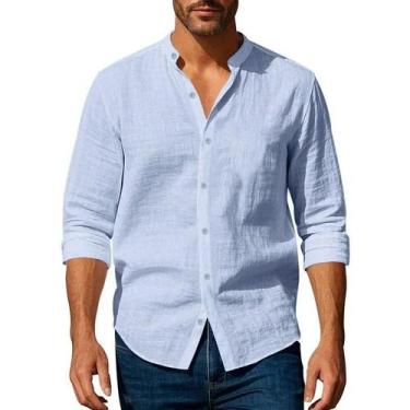 Imagem de Camisa Masculina Slim Fit De Algodão E Linho Com Gola Henley, Leve, Re