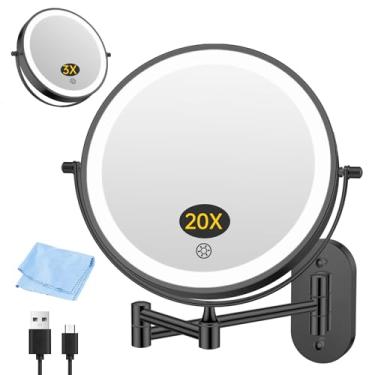 Imagem de FUNTOUCH Espelho de maquiagem recarregável 20X/3X montado na parede com luzes, espelho de parede com ampliação dupla face, iluminação de 3 cores, escurecimento da tela sensível ao toque, braço de