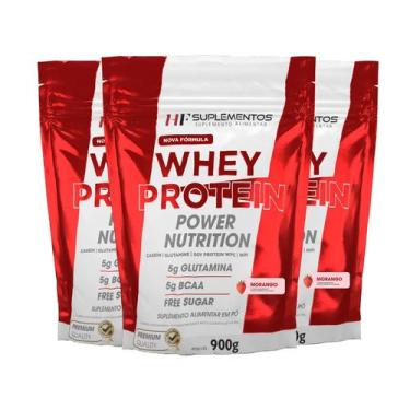 Imagem de 3X Whey Protein Power Nutrition Refil 900G Morango Hf Suple - Hf Suple