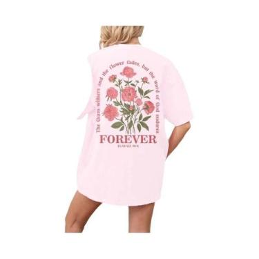 Imagem de Camiseta Feminina Rosa Floral De Algodão Estilo Hip Hop Manga Curta Co