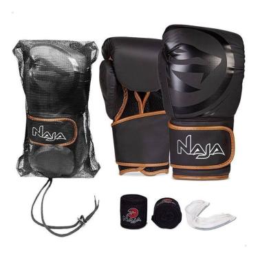 Imagem de Kit Muay Thai Boxe Naja Luva Black Line Pta E Dourada 16 Oz