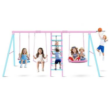Imagem de Balanço Infantil Multifuncional 6 em 1 SIHANM Metal Reforçado Rosa e Azul Claro com 3 Balanços Ajustáveis, Escada, Rede de Escalada