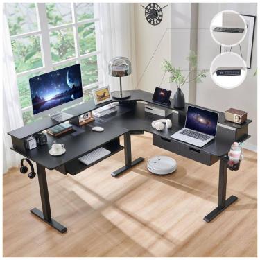 Imagem de Mesa Gamer em L Elétrica RedLemon Fibra de Carbono Preta 152 cm com Altura Ajustável, Gavetas, Bandeja Teclado, Tomadas e Luzes LED