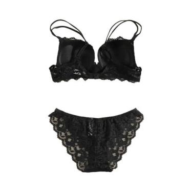Imagem de Conjunto De Lingerie Elegante Com Sutiã Push-Up De Renda Bordada E Cal