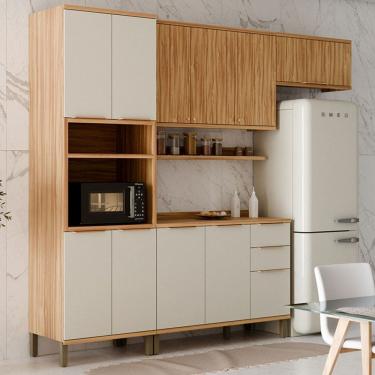 Imagem de Armário de Cozinha Modulada com Balcão e Tampo 10 Portas 3 Gavetas Nice 100% Mdf Off White/Amêndoa - Pnr