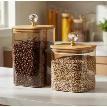 Imagem de Kit Potes Herméticos de Vidro Quadrado Âmbar com Tampa de Bambu Porta 