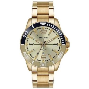 Imagem de Relógio Seculus Masculino Aço Catraca Bicolor Calendário Dourado-Masculino