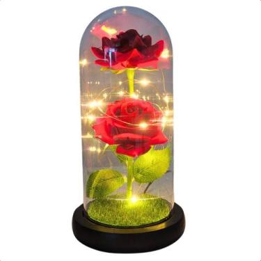 Imagem de Rosa Dupla em Cupula Flor Redoma c/ Led Domo Bela e a Fera G - BolaAzu