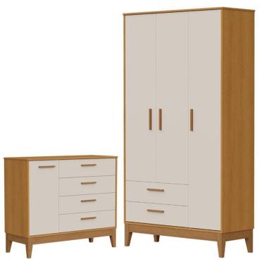 Imagem de Guarda Roupa Infantil Flip 3 Portas com Cômoda Infantil Sapateira Flip Areia Acetinado Savana - Reller