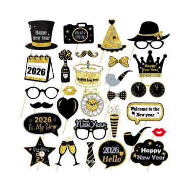 Imagem de Acessórios Para Photobooth Com Glitter Dourado, Moldura De Feliz Ano N