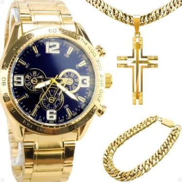 Imagem de Relogio Masculino Aço Banhado Ouro + Pulseira + Crucifixo Azul Robusto