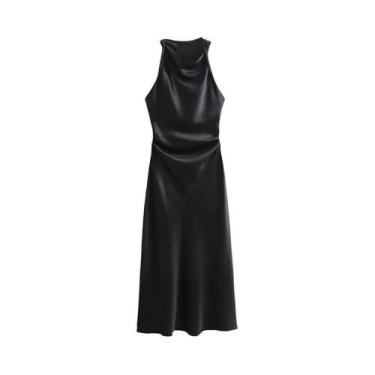 Imagem de Vestido Midi Elegante De Cetim Sem Mangas Com Decote Drapeado Para Mul