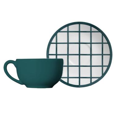 Imagem de Xícara de Chá com Pires Green Trace Coup Cerâmica Acetinada 250ML Estampa Geométrico Alleanza