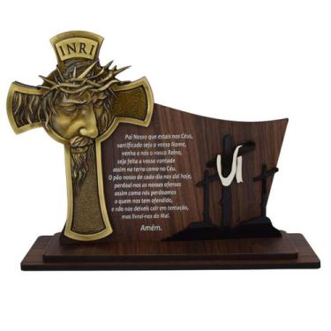 Imagem de Adorno de Mesa Face de Cristo Crucifixo em metal ouro velho acrilico e