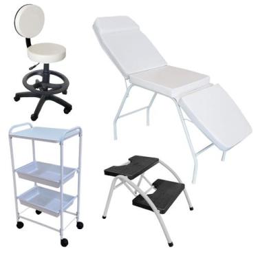 Imagem de Kit Estética Branco Maca 3 posições Mocho, Escada e Carrinho Clínicas 