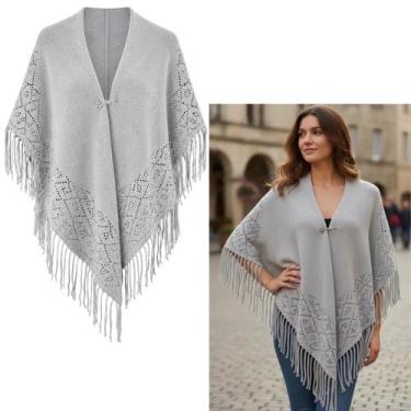 Imagem de Poncho Feminino em Tricot Premium com Franjas Elegante Inverno Luxo (1