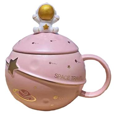 Imagem de seelucky Caneca de astronauta com colher criança caneca de leite de cerâmica 3D xícara de café caneca de desenho animado xícara de chá universo presente de aniversário (viagem espacial rosa)