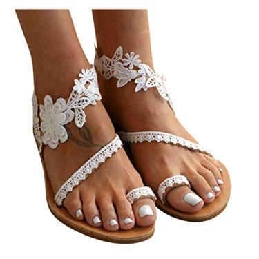 Imagem de Sandálias femininas elegantes de verão, sandálias planas de renda floral abertas sandálias de praia casuais boho sapatos romanos, Branco, 8.5