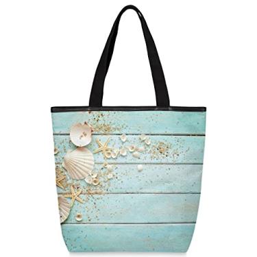 Imagem de Sacola de lona, sacolas de compras reutilizáveis de compras de compras de compras de compras de compras bolsa de praia bolsa de ombro lavável, Concha A, Large