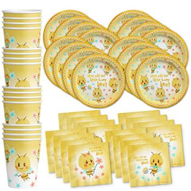 Imagem de Birthday Galore What Will The Little Honey Bee? Conjunto de artigos de festa de revelação de gênero pratos, guardanapos, copos de mesa kit para 16