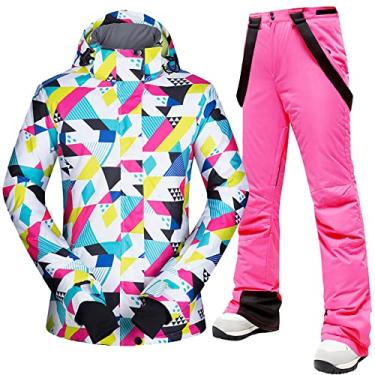 Imagem de Yajun Terno de esqui fashion feminino jaquetas e calças de inverno quentes à prova d'água -30 graus poliéster roupa de neve para acampamento de ciclismo ao ar livre, rosa, 1