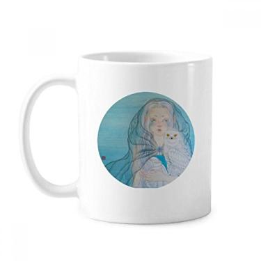 Imagem de Caneca de aquarela de cerâmica com coruja azul branca menina estilo chinês cerâmica xícara de café porcelana louça