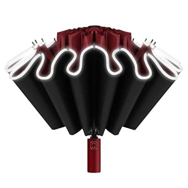 Imagem de Guarda-chuva de viagem grande à prova de vento compacto invertido, guarda-chuva automático com 16 varetas, refletivo, para chuva e sol, guarda-chuva reverso dobrável automático para 2 a 3 pessoas