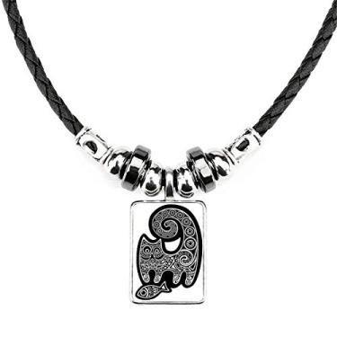 Imagem de DIYthinker Colar com padrão de peixe de gato branco preto joia Torque pingente de corda de couro