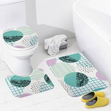 Imagem de Conjunto de tapetes de banheiro 3 peças abstrato colorido vintage geométrico lavável tapete antiderrapante tapete de contorno e tampa para banheiro