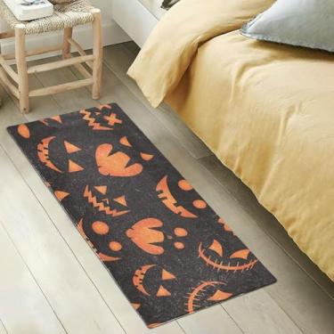 Imagem de Careta de abóbora laranja Halloween preto tapetes de cabeceira para quarto lavável cozinha corredor tapete felpudo antiderrapante corredor tapete 99 x 50 cm
