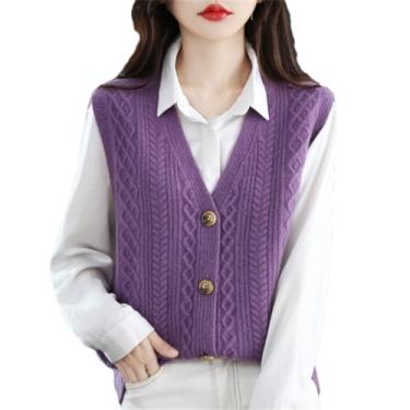 Imagem de Suéter feminino colete de lã com decote em v tricotado sem mangas suéter torcido (violeta L)