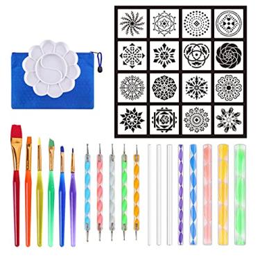 Imagem de Conjunto de ferramentas de pontilhado de mandala 37 peças com estênceis Paleta de tinta Pincel de tinta Canetas Stylus para pintar pedras unhas desenho de arte para colorir