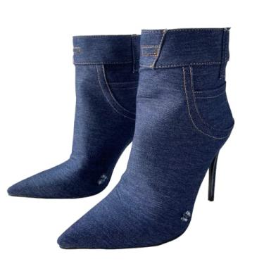 Imagem de Frankie Hsu Botas de cano curto de salto alto stiletto, estilo calça jeans azul sexy, bota fina vintage, design de moda de tamanho grande, forrado com pele sintética, bota curta elegante para mulheres
