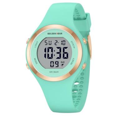 Imagem de GOLDEN HOUR Relógio esportivo feminino com pulseira de silicone com cronógrafo digital à prova d'água, Verde menta, Moderno