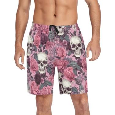 Imagem de CHIFIGNO Shorts de pijama masculino, short de pijama para dormir, calça de pijama masculina com bolsos e cordão, Crânio vintage rosa roxo flores, P