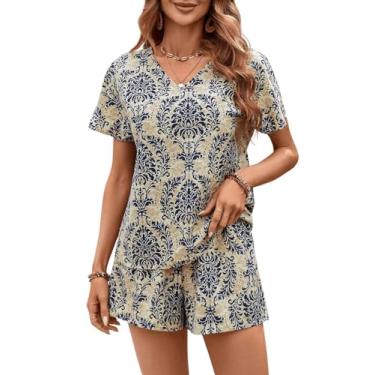 Imagem de BEAUDRM Conjunto feminino de 2 peças, blusa com estampa geométrica, gola V, camisa e shorts de férias de verão, Multicolorido B, G