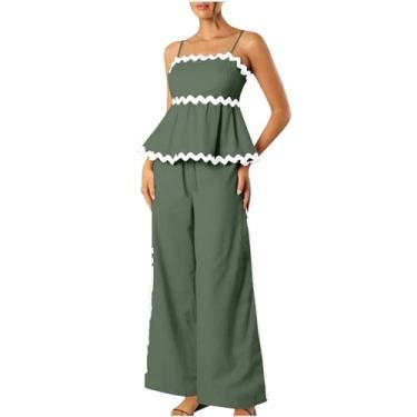 Imagem de Conjunto de blusa feminina combinando para mulheres, túnica fina, plissada, 2 peças, listrado, verão, outono, 2024, C-240 verde-limão, XXG