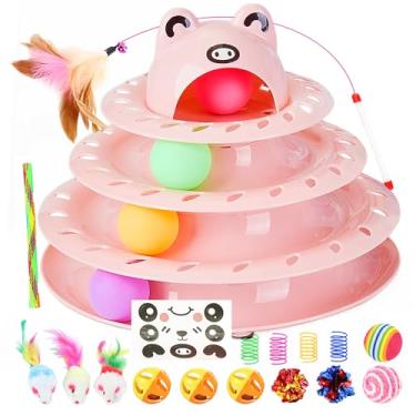 Imagem de Pawsayes Pacote com 17 brinquedos para gatos, toca-discos de 4 níveis, brinquedo interativo para gatos em ambientes internos, rolo divertido com bola rotativa colorida, conjunto de brinquedos para