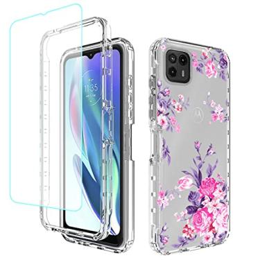 Imagem de sidande Capa para Moto G50 5G, XT2149-1 com protetor de tela de vidro temperado, capa protetora fina de TPU floral transparente para celular para Motorola Moto G50 5G (flor rosa)