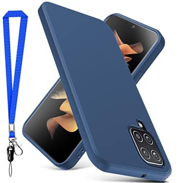 Imagem de YSLBWLE Capa para Samsung Galaxy A12 4G, capa fina de silicone líquido com cordão, à prova de choque, capa de telefone fina para Samsung Galaxy A12 4G, capa protetora de câmera de corpo inteiro - azul