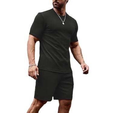 Imagem de Uni Clau Conjunto masculino de camisa e shorts, roupas de verão, casual, de manga curta, conjunto de 2 peças, Preto, M