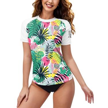 Imagem de BesserBay Camisa de natação feminina com proteção solar FPS 50+ manga curta Rash Guard, Multicolorido | Folhas tropicais, M