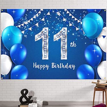 Imagem de HAMIGAR 1,8 x 1,2 m Faixa de fundo Happy 11 th Birthday - Decoração de aniversário de 11 anos de idade Artigos de festa para meninos e meninas - Azul Prata
