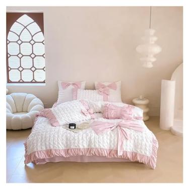 Imagem de Jogo de cama 40S algodão lavado com laço rosa princesa plissado patchwork 100% algodão macio capa de edredom fronha, lençol de cama (uma cor 1,8 m) lençol com elástico